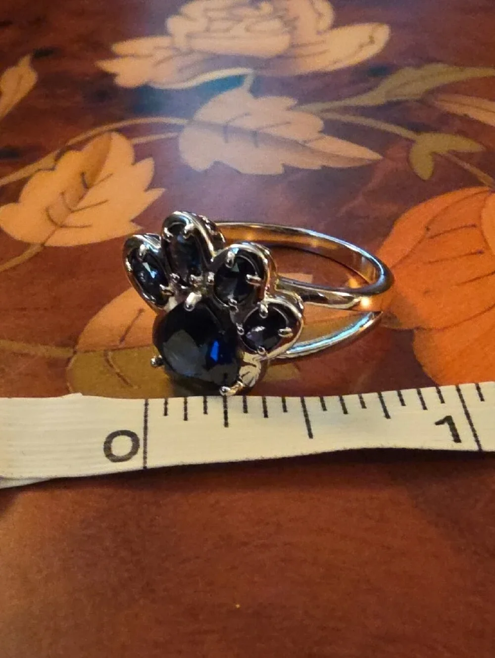 JTV Lab Created Blue Sapphire Rhodium Over Silver Paw Print Ring SZ 10